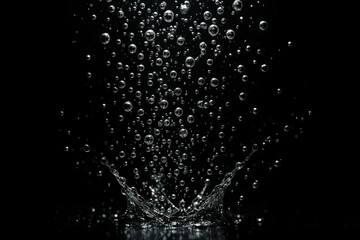 Fototapeta premium Exploding soda bubbles underwater against deep black macro splash trails rising carbonation texture clean refreshing beverage concept high contrast