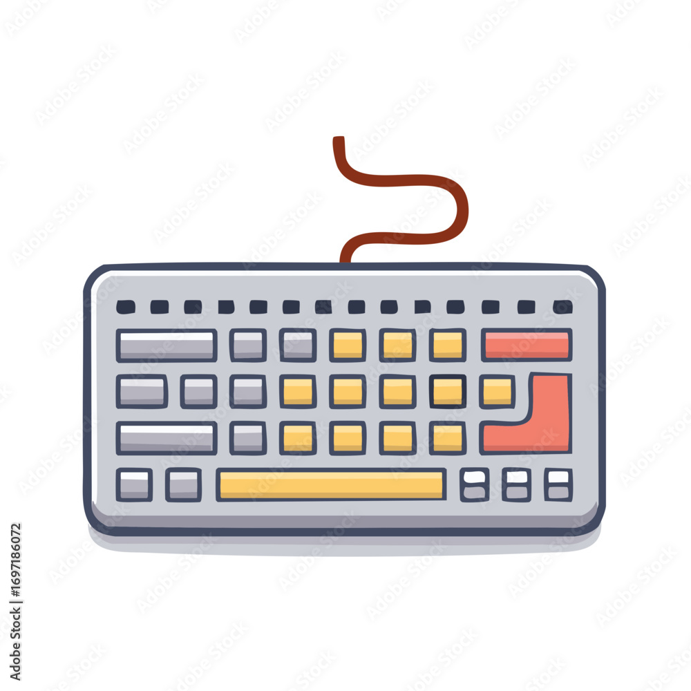 Aufkleber wired computer keyboard cartoon illustration with colorful keys and cable, a digital input device
