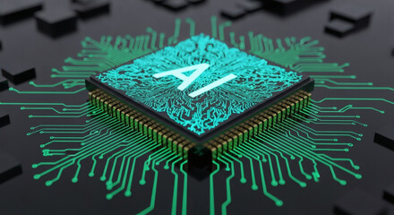 A close-up view of a central processing unit with the letters "AI" glowing in turquoise light, surrounded by intricate circuit board pathways and dark, abstract geometric shapes.