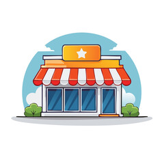 Obraz premium Cute cartoon shop building with striped awning and star sign