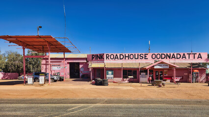 remote outback town the famous pink roadhouse at Oodnadatta, South Australia
