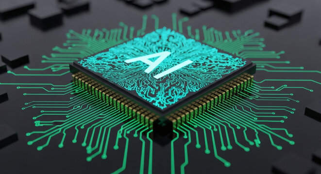 A close-up view of a central processing unit with the letters "AI" glowing in turquoise light, surrounded by intricate circuit board pathways and dark, abstract geometric shapes. - Powered by Adobe