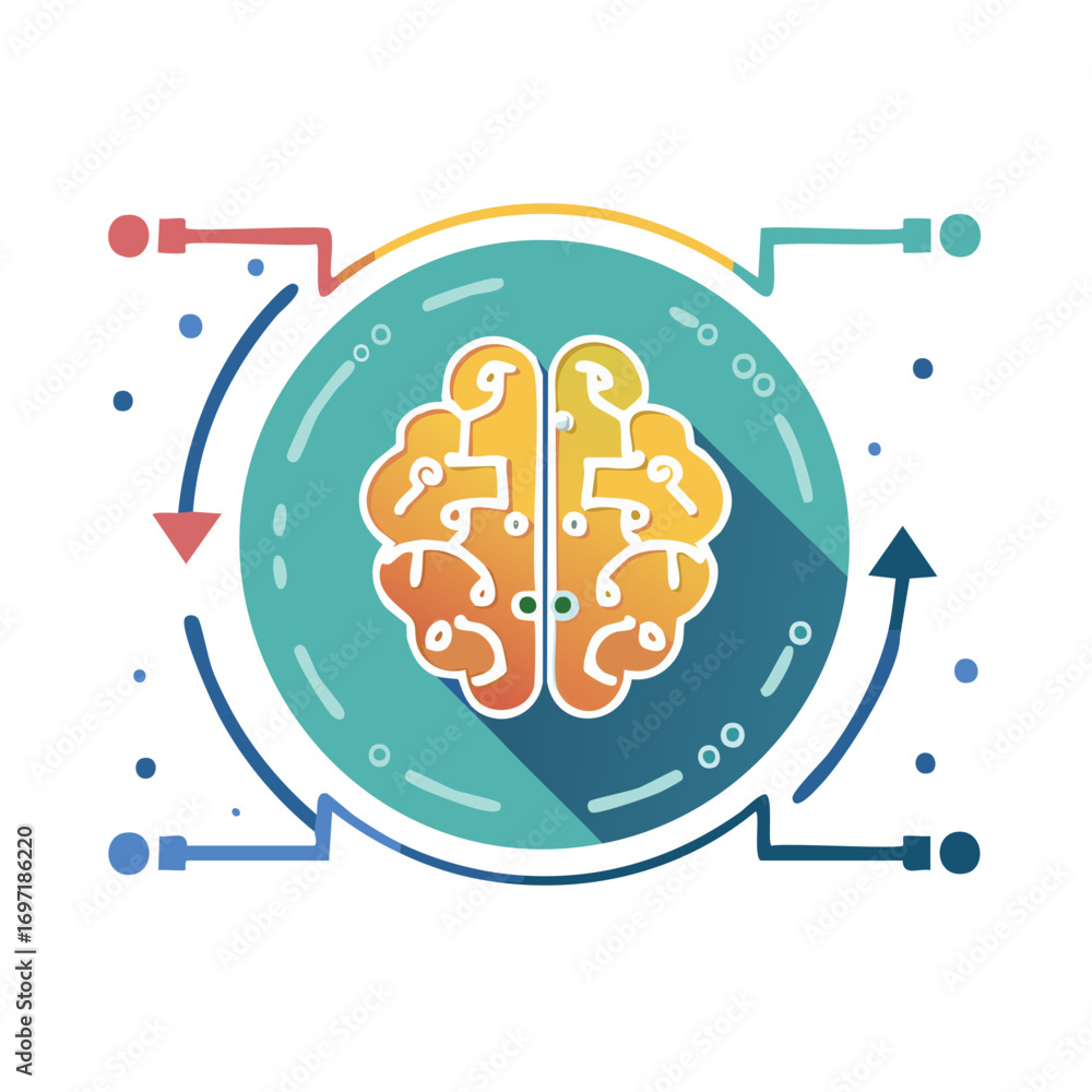 Poster brain connection circle with arrows, neural pathways and networks