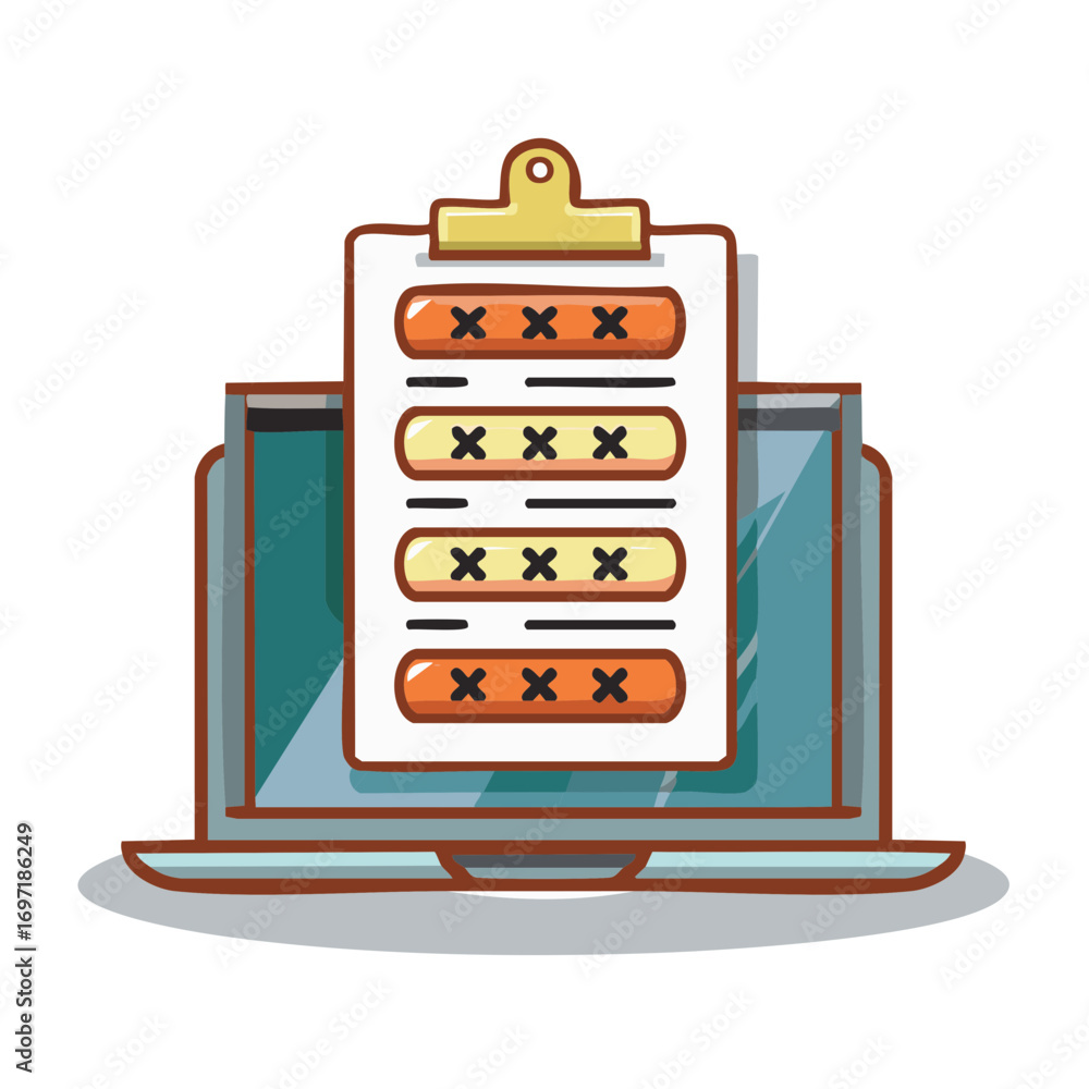 Poster illustration of security form on a clipboard in front of laptop computer