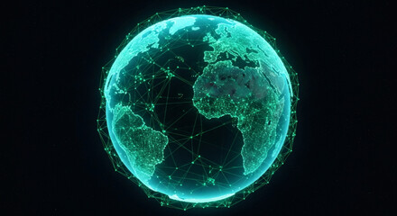A glowing digital representation of Earth, illuminated by interconnected nodes and lines, symbolizing global connectivity and data networks against a dark background.