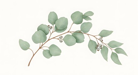 An eucalyptus branch with round leaves and seed pods is painted with watercolor on a neutral background