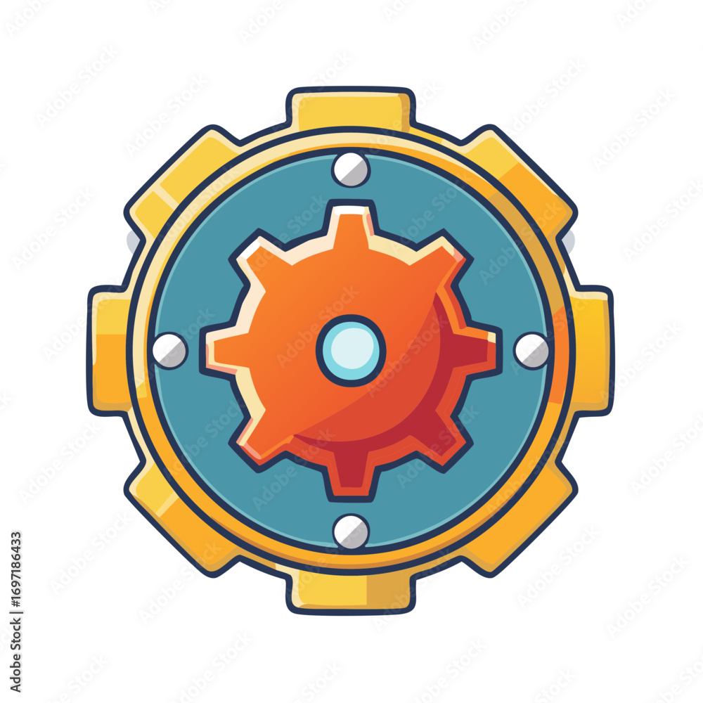 Poster vibrant cogwheel with intricate gear design and distinctive color palette illustrating a mechanical 