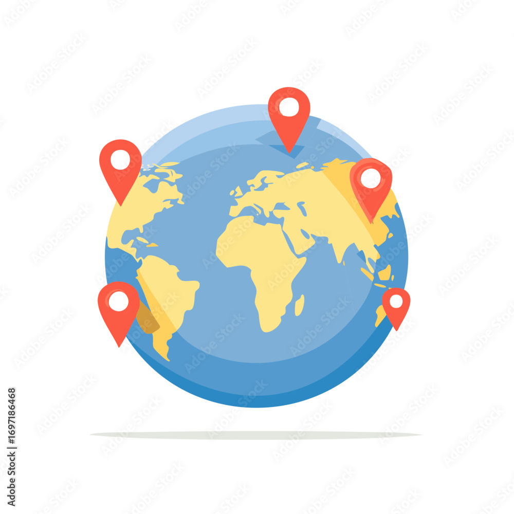 Aufkleber global map with red location pins illustrating worldwide navigation and connection