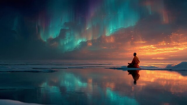 Zen Amidst the Aurora: A solitary figure meditates peacefully under the breathtaking glow of the Northern Lights, reflecting on the tranquil water, symbolizing inner peace and spiritual contemplation.