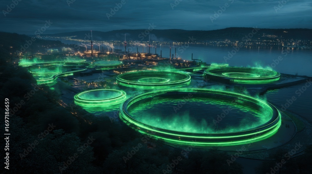 Poster an artistic depiction of the smelters circular layout illuminated at dusk with vibrant green lights 