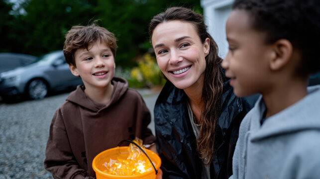 A delightful family moment under the night sky as kids and adults share laughter and excitement, holding bright lanterns in a happy outdoor gathering, reflecting joy and togetherness.