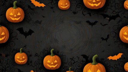 Fondo de Halloween con calabazas, murciélagos y telarañas. Un espacio vacío en el centro para texto, ideal para invitaciones.