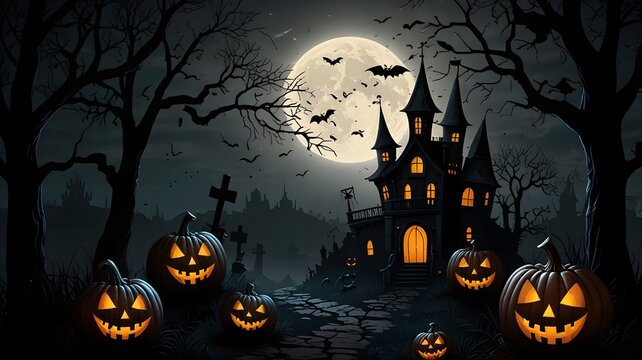 Una casa embrujada y un cementerio con calabazas en un paisaje oscuro de Halloween. La luna llena domina la escena.
