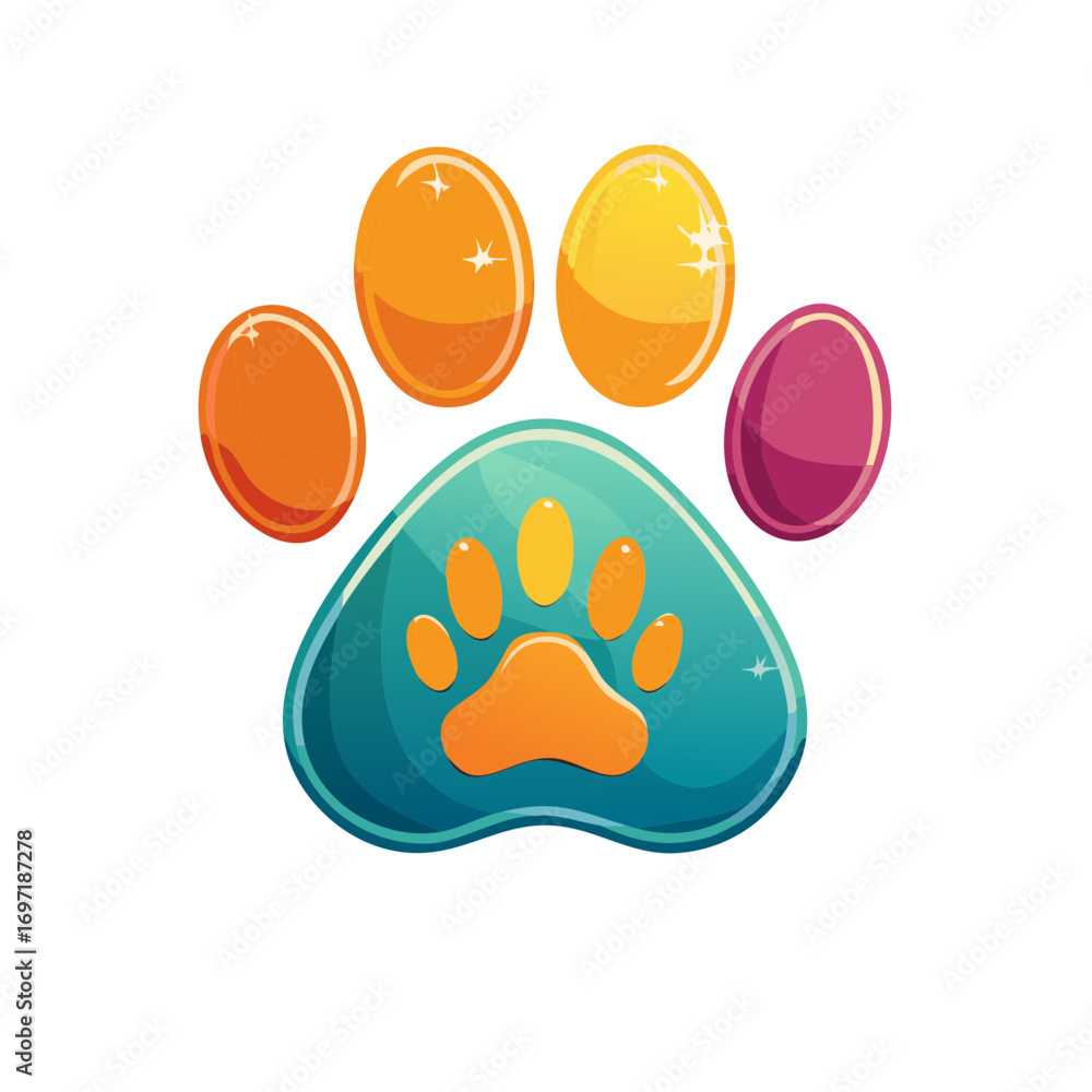 Poster bright colorful paw print logo icon with sparkles and gradient colors