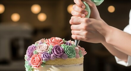 Pastry chef decorating layered cake with buttercream flowers, medium close-up in natural daylight, bakery photography for artisanal dessert ads and premium branding