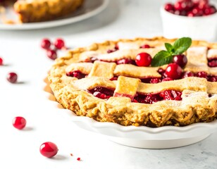 Freshly baked cranberry pie on white surface