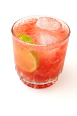 A vibrant red strawberry cocktail or mocktail with crushed ice and a lime wedge garnish, served in a classic glass on a clean white background, perfect for party promotions, and beverage advertisement