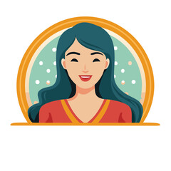 Happy woman in colorful illustration with blue hair and a red top smiling.