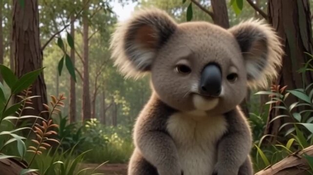 Aufrecht sitzendes Koalababy mit riesigen Knopfaugen, weichen Ohren