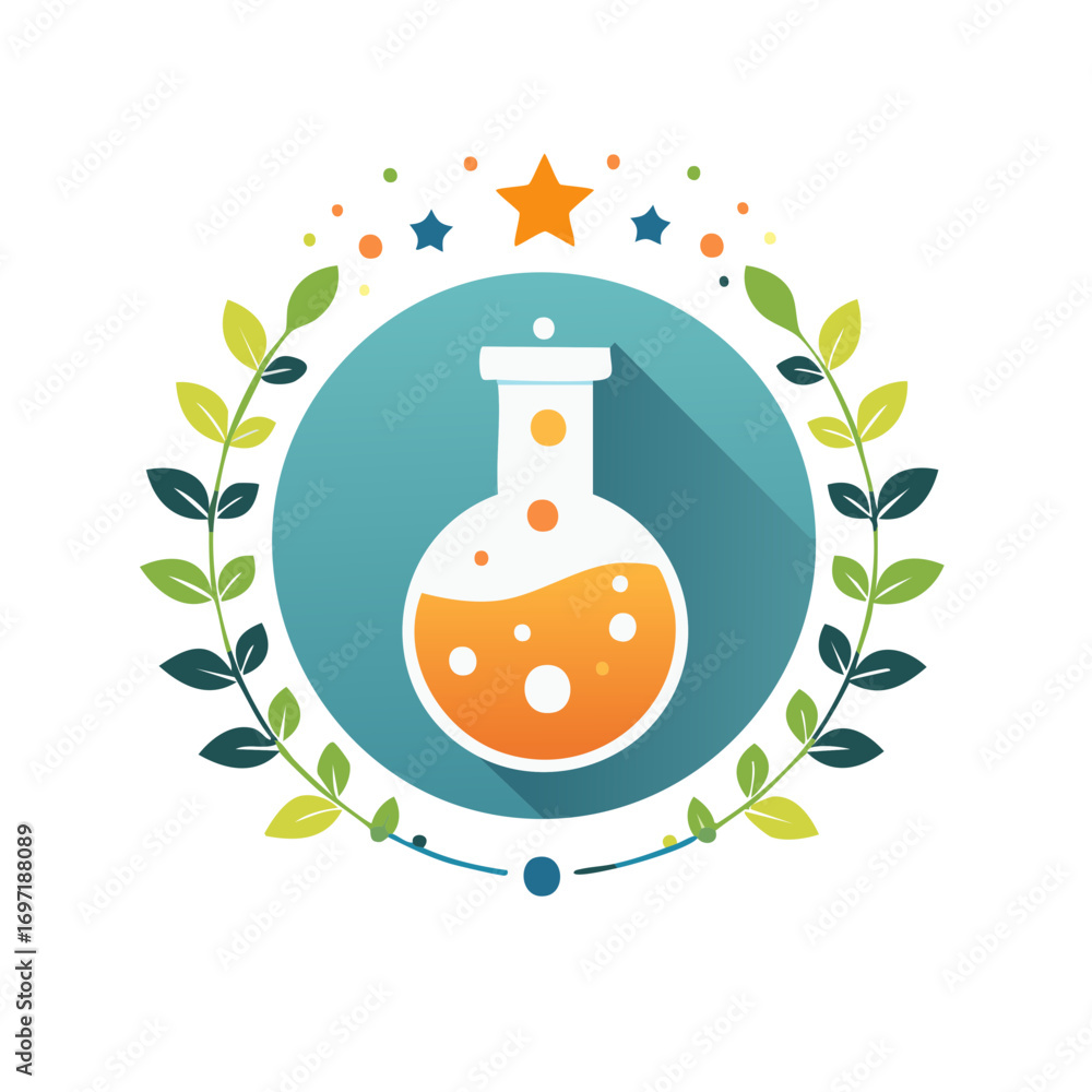 Poster Round Bottom Flask Laboratory Experiment Research Science Icon with Stars and Leaves