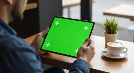 Casually dressed man sitting at café holding tablet with glowing green screen, coffee cup and small plant included