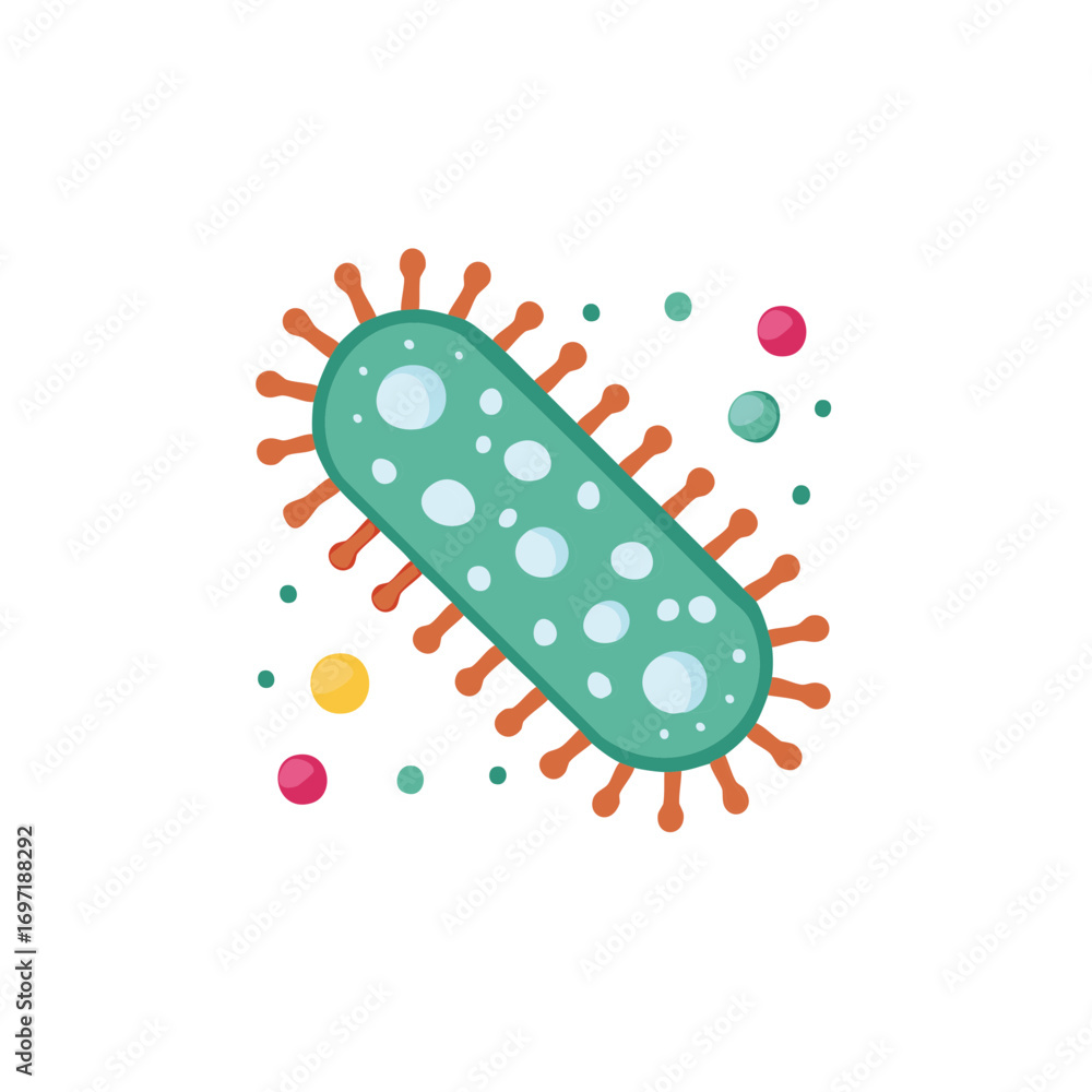 Poster illustration of a colorful virus shape with multiple small dots and spikes for science and education