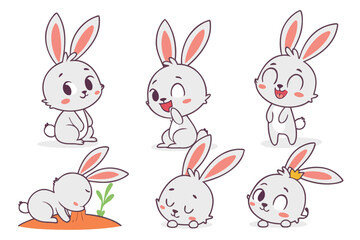 Six cute cartoon rabbits in various poses and expressions bunny illustration