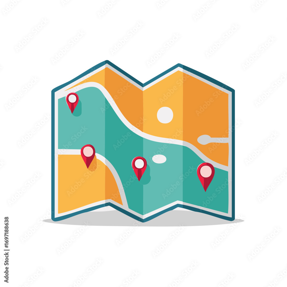 Aufkleber illustrated folded map with several red location pins marking points of interest on colorful abstrac