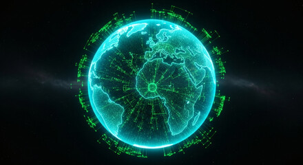 Obraz premium A glowing digital representation of Earth, illuminated by intricate green lines and data streams, suggesting global connectivity and technological advancement.