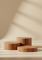 Cylindrical wooden platforms with polished walnut textures, neutral matte floor and soft natural light, product photography for stylish branding