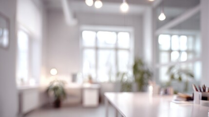 Fototapeta premium Blurred Modern Office Workspace: Bright, Serene and Minimalist Interior Design