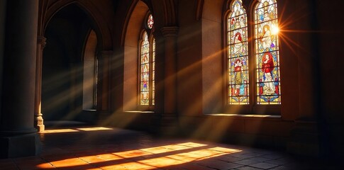 Serene stained-glass window in a historic church, sunlight streaming through the colorful panes, illuminating the sacred space A peaceful and contemplative scene of faith , historical, light