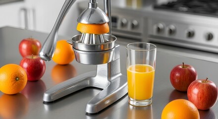 A manual press juicer on a stainless steel kitchen counter with fresh oranges, red apples, and a glass of freshly squeezed orange juice. Healthy lifestyle and homemade beverage concept.