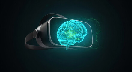 A virtual reality headset displays a glowing, translucent human brain, symbolizing advanced technology and cognitive exploration in a digital realm.