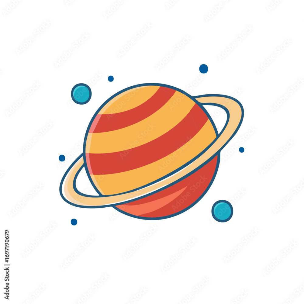 Poster illustration of a colorful planet with rings and multiple circular elements in space