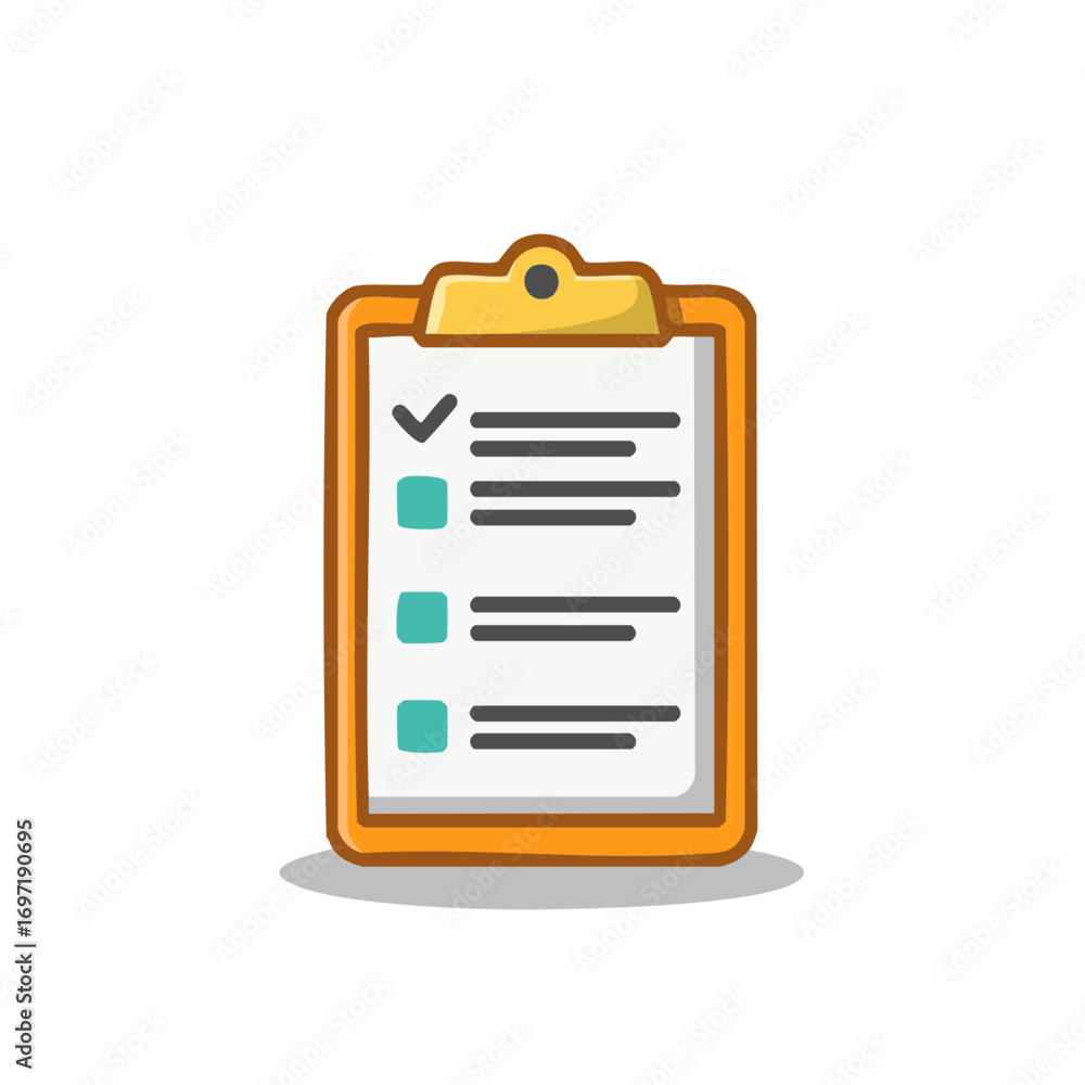 Poster cartoon orange clipboard with a checklist and checkmark symbol for task completion