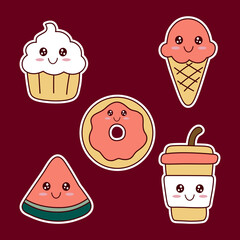 Cute food stickers set cupcake ice cream donut watermelon and coffee
