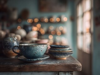 A textured ceramic teacup rests elegantly on a rustic wooden table within a charming pottery workshop space.