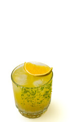 A refreshing orange cocktail, garnished with a lime zest-sugar rim and an orange slice, served in a glass on a bright white background, ideal for beverage advertisements, and healthy drink recipes.