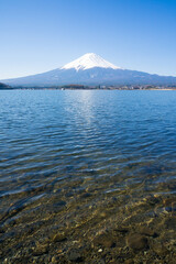 透明な湖水と富士山
