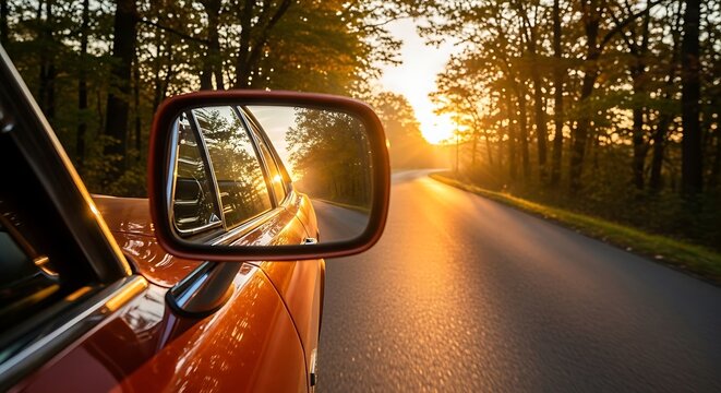 Driving into a golden sunset through a forest road scenic car journey - Powered by Adobe