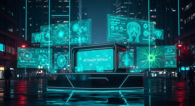 Futuristic city square showcasing advanced AI health services with glowing holographic displays of brain scans and data visualizations. - Powered by Adobe