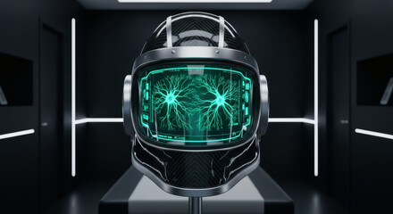 Futuristic robotic helmet with glowing green neural network display, set in a sterile, modern laboratory environment.