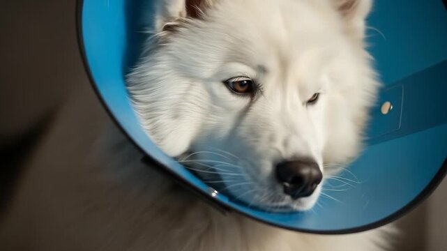 Samoyed Dog Wearing a Blue Elizabethan Collar: Post-Surgery Recovery Video