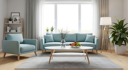 Fototapeta premium Modern living room with comfortable sofa and armchair natural light
