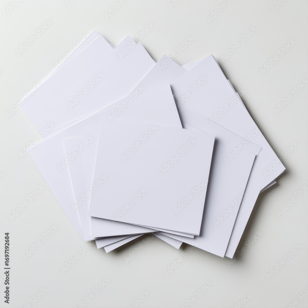 Poster pile of blank sheets of paper on neutral background for creative use