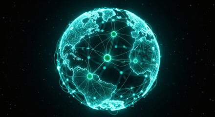 A glowing, futuristic digital representation of Earth, intricately connected by glowing green lines and nodes, symbolizing global data networks and interconnectedness.