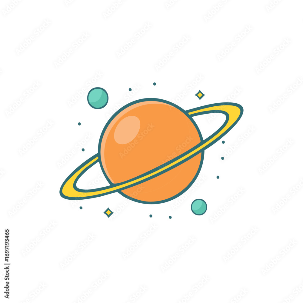 Poster orange planet with ring in minimalistic style with small planetoid. outer space, astronomy and unive