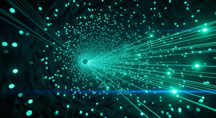 Futuristic abstract tunnel of glowing green particles and light trails representing data transfer.