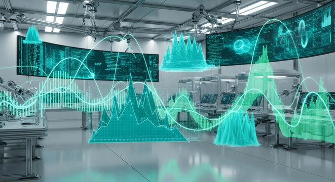 Futuristic factory floor displays dynamic digital data visualizations and complex graphs, showcasing advanced technology and industrial analytics.
